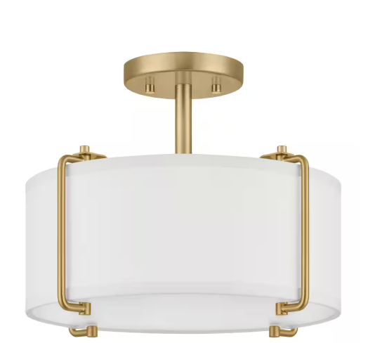 Photo 1 of 
Home Decorators Collection
Brookley 14 in. 2-Light Brushed Gold Semi-Flush Mount with White Fabric Shade