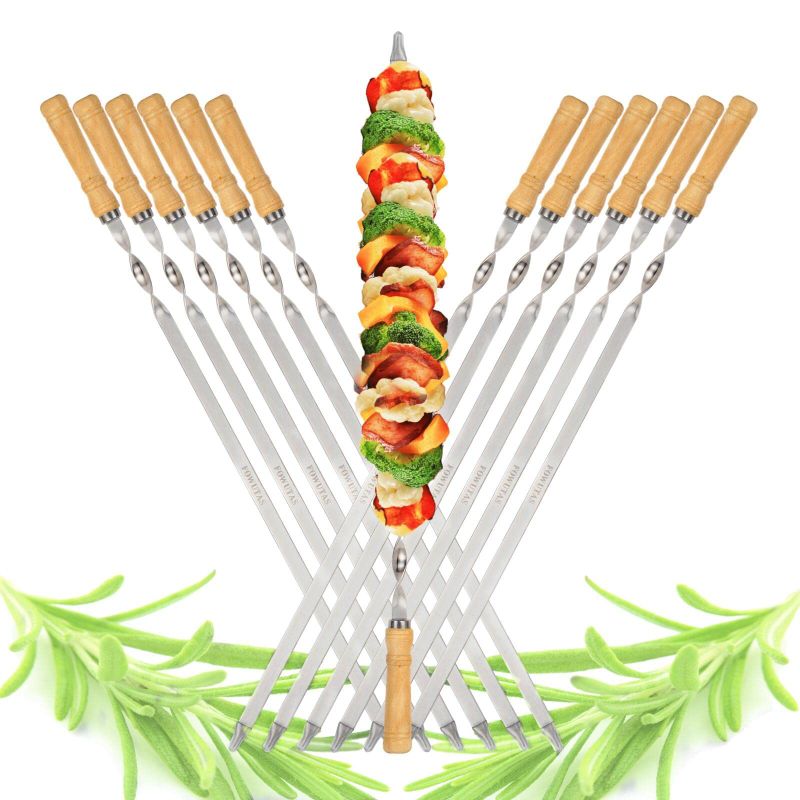 Photo 1 of ?NEW?23.6" Large Size Kabob Skewers Flat Metal BBQ Barbecue Skewer Wooden Handle Stainless Steel Shish Kabob Stick Wide Reusable Grilling Set Meat Shrimp Chicken Vegetable Kebab Fork Sausage-12PCS Stainless Steel 23.6 IN +Wooden