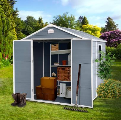 Photo 1 of ***BOX 3 ONLY MISSING BOX 1 AND 2***KERLIA 8x6 FT Outdoor Resin Storage Shed with Lockable Door, Air Vent and Window, Perfect to Store Patio Furniture, Bike Accessories etc, Outside Plastic Garden Sheds for Backyard, Lawn, Grey Gray 8x6 FT Outdoor