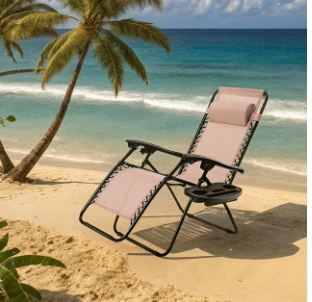 Photo 1 of (SET OF 2) Kadyn Portable Lounger, Reclining Chair, Folding Patio Lounge Chair, Outdoor Folding Zero Gravity Reclining Lounge Chair with Utility Tray-Beige