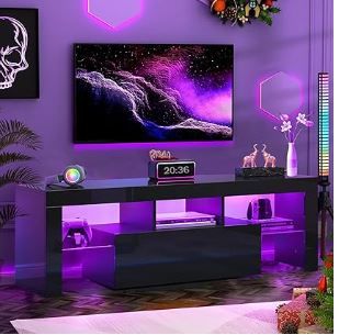 Photo 1 of *** SEE COMMENTS*** HOUAGI LED TV Stand for Televisions up to 55 Inchs,Modern Entertainment Center with Storage Drawer and Glass Shelf, TV Console Table for Living Room,Bedroom,Black