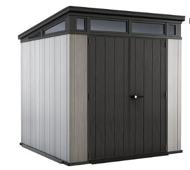 Photo 1 of Keter Artisan 7x7 Ft All-Weather Storage Shed with Clear Windows, Built-in Ventilation, Customizable Walls, & Lockable Double Doors, Grey