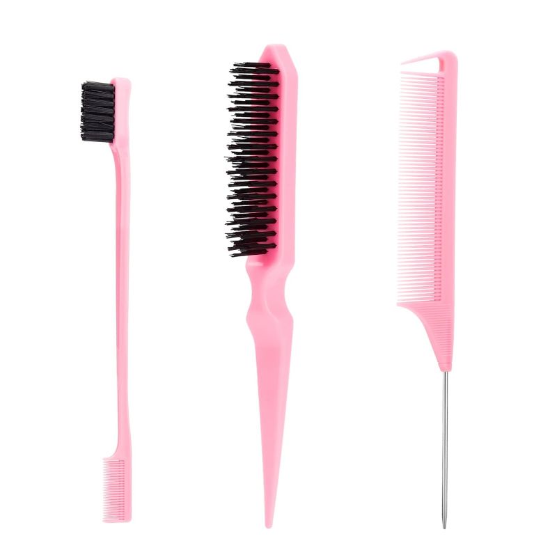 Photo 1 of 3 Pcs Slick Back Hair Brush Set with Edge Brush, Bristle Brush, Rat Tail Comb, Teasing Brush Set for Smoothing Baby Hair & Flyaways - Pink