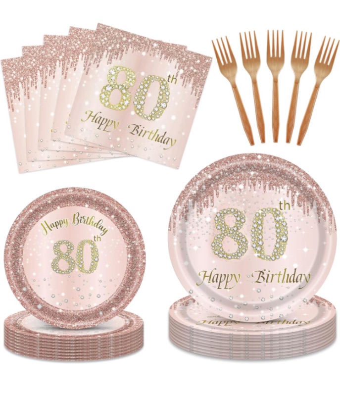 Photo 1 of 96PCS 80th birthday decorations for women Rose Gold Happy 80 Birthday Party Supplies Disposable Tableware Set Plates Napkins and Forks for Women Rose Gold 1944 Themed Party Decorations Serves 24