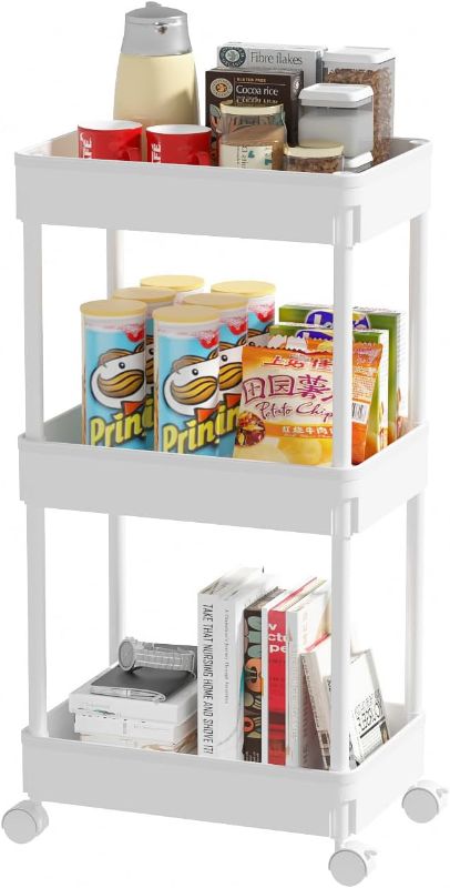 Photo 1 of ****THERE ARE NO WHEELS**** Sooyee 3 Tier Utility Cart SMALL ,Rolling Cart with Handle and Lockable Wheels, Multi-Functional Storage Cart for Office, School,Living Room, Kitchen, Bathroom, Bedroom,Laundry, White Wide White