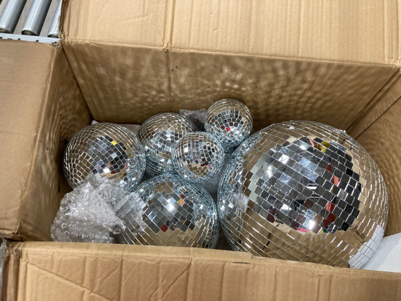 Photo 2 of 8 Pcs Large Disco Ball Set Silver Mirror Disco Balls Reflective Ball with Hanging Ring Party Ornament Decoration for Stage Club Ballroom Dance Hall Wedding Prom Props(12'', 8'', 6'', 4'')