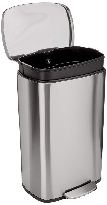 Photo 1 of Amazon Basics Smudge Resistant Rectangular Trash Can With Soft-Close Foot Pedal, Brushed Stainless Steel, 50 Liter/13.2 Gallon, Satin Nickel Finish, 16.7"L x 14.7"W x 25.9"H Satin Nickel Big, 50 Liter/13.2 Gallon,14.7x16.7x25.9 inches