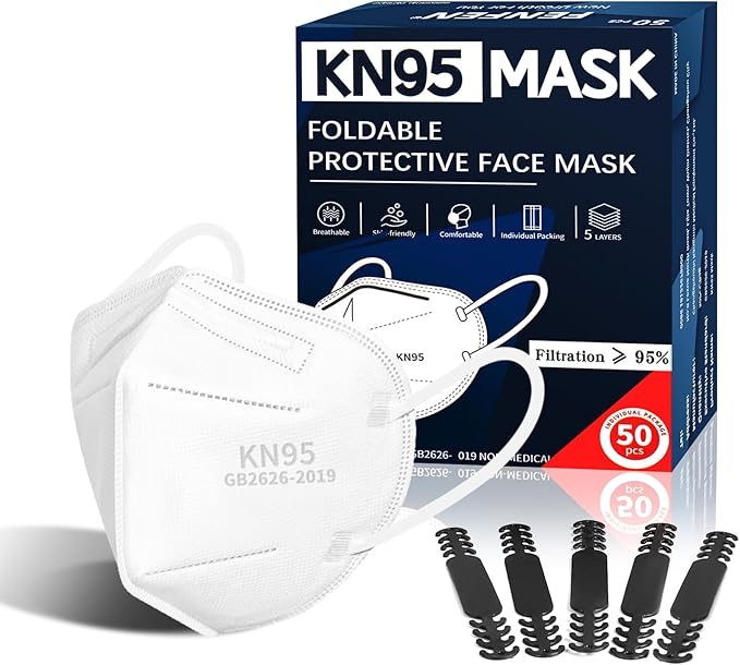 Photo 1 of FENFEN KN95 Face Mask Disposable Adult - KN95 Colored Masks Women Men 5 Layers Protection Breathable Comfortable Safety Dust Mask Individually Wrapped GB2626-2019 50 Pack