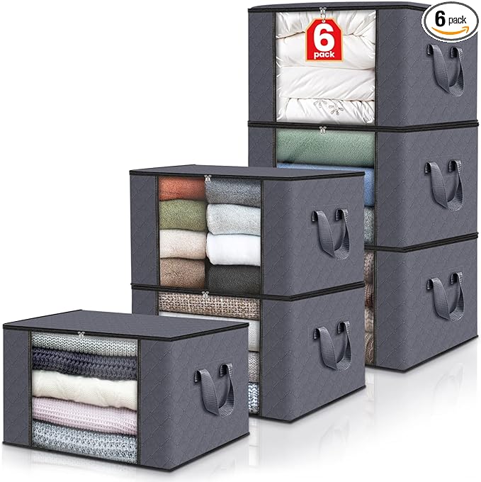 Photo 1 of Fab totes 6 Pack Clothes Storage, Foldable Blanket Storage Bags, Storage Containers for Organizing Bedroom, Closet, Clothing, Comforter, Organization and Storage with Lids and Handle, Grey