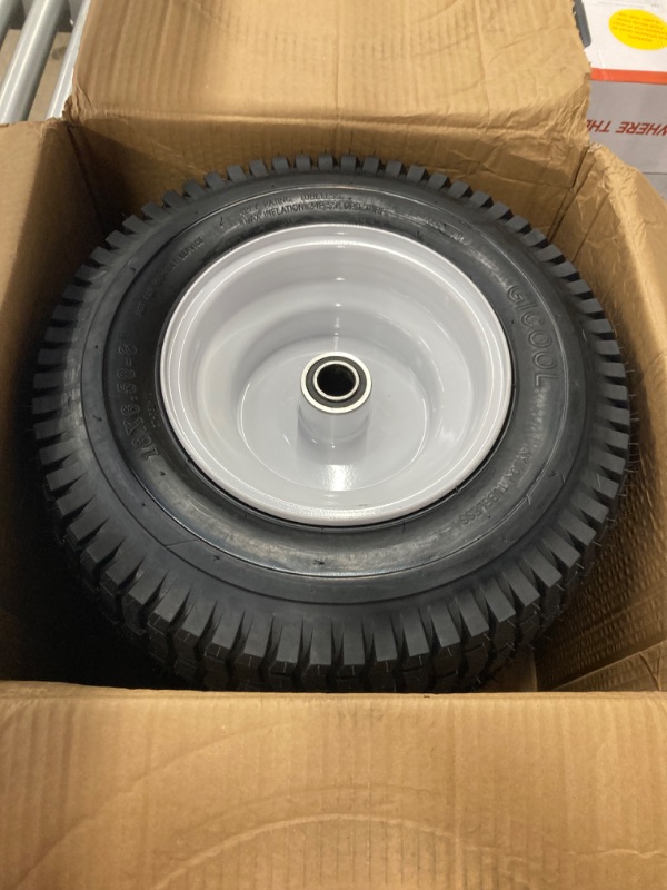 Photo 2 of 16x6.50-8 Tubeless Tire and Wheel, 16x6.5-8" Lawn Mower Tires, 4" Centered Hub, 1" Bearing, Universal Fit Riding Mower and Garden Tractor Front Wheels, 4 Ply, V-Turf Pattern, 2 Pack 16x6.50-8 Tubeless (4" Centered Hub,1" Bore)