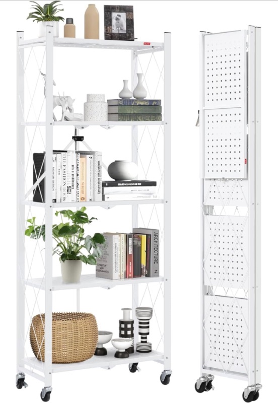 Photo 1 of *** FACTORY SEALED ** DEANIC 5-Shelf Folding Bookcase with Wheels, Heavy Duty Storage Shelves, Freestanding Metal Wire Shelving Unit for Living Room, Office, Kitchen, Basement, Pantry (White)