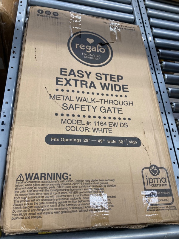 Photo 2 of ****FACTORY SEALED ***Regalo Easy Step 49-Inch Extra Wide Baby Gate, Includes 4-Inch and 12-Inch Extension Kit, Pressure Mount Kit and 4 Pack of Wall Mount Kit, 4 Count (Pack of 1) White