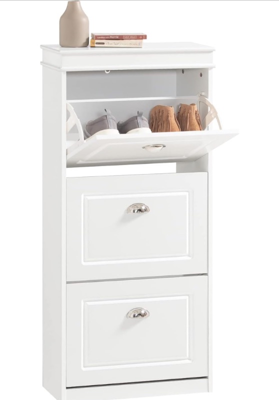 Photo 1 of *** FACTORY SEALED ***Haotian FSR94-W, White Shoe Cabinet with 3 Flip Drawers, Freestanding Shoe Rack, Shoe Rack with Hidden Drawer(9.45" D x 20.87" W x 46" H)