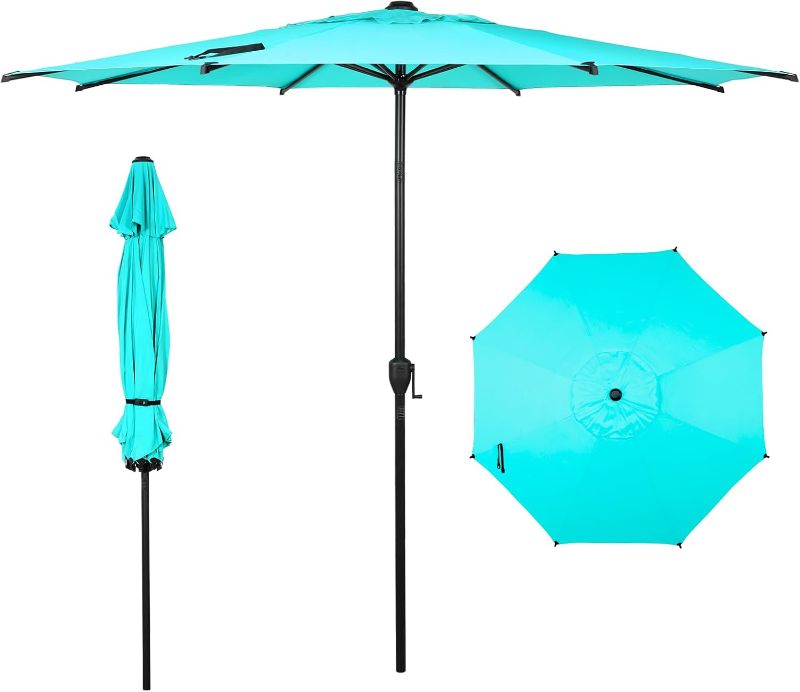 Photo 1 of Abba Patio 9FT Lyon Outdoor Patio Umbrella Outdoor Table Umbrella with Push Button Tilt and Crank Market Umbrella 8 Sturdy Ribs UV Protection Waterproof for Garden Deck Backyard Pool Light Blue