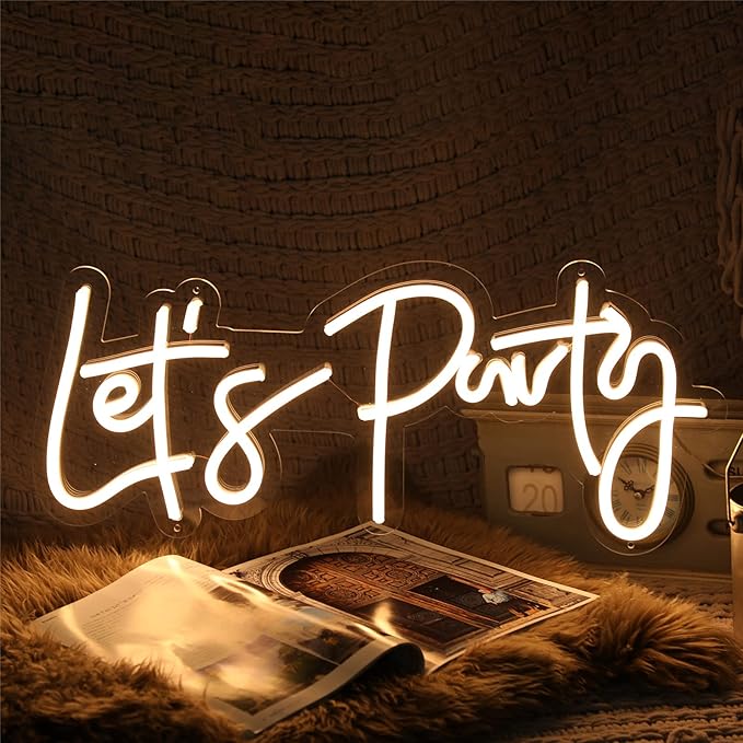 Photo 1 of ATOLS Let's Party Large Neon Sign for Wall Decor, with Dimmer Switch,23x10Inch 12V Reusable Neon Light Sign for Bachelorette Party, Engagement Party, Birthday Party,Wedding (Power Adapter Included)