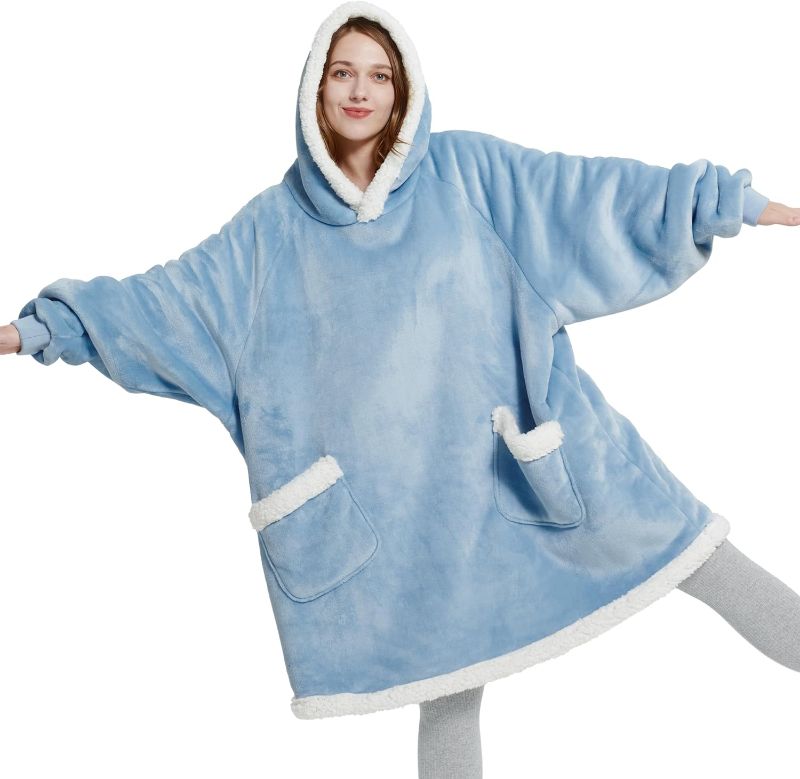 Photo 1 of  Wearable Blanket Hoodie with Sleeves - Sherpa Hooded Blanket Adult as Gifts for Mom Women Girlfriend, Sweatshirt Blanket Standard Sky Blue