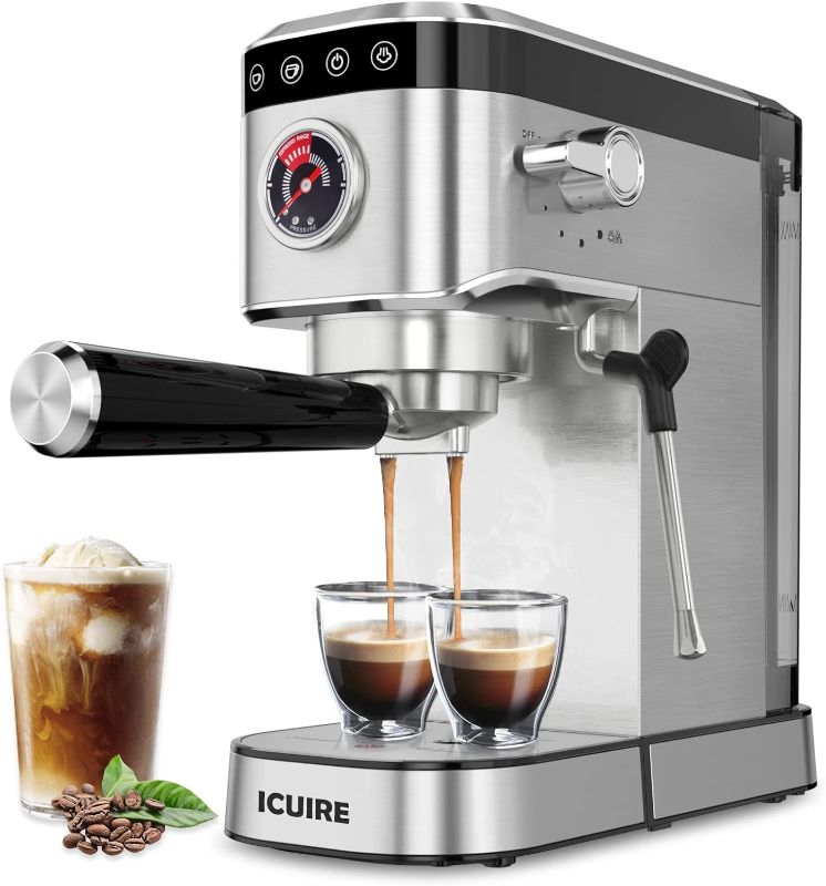 Photo 1 of ICUIRE 20 Bar Compact Espresso Coffee Machine with Milk Frother, 37 Oz Removable Water Tank for Espresso Make, Semi-Automatic Espresso