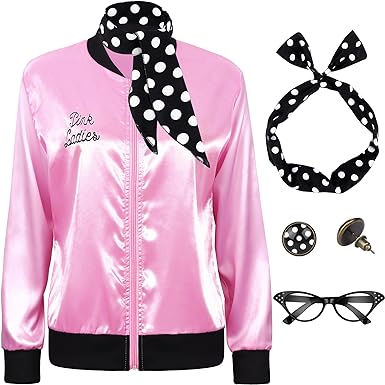 Photo 1 of 1950s Women Pink Satin Jacket with Polka Dot Scarf Headband Earrings Eye Glasses Halloween Party Costume Set