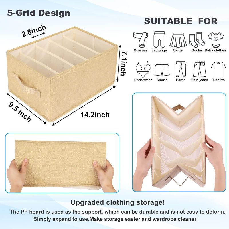 Photo 1 of  2pcs Wardrobe Clothes Organizer and Storage with Support Board Foldable Jean Closet Organizer for Drawer Washable Compartment Closet Organizers and Storage Bins for Pants Sweaters 5 Grids Beige