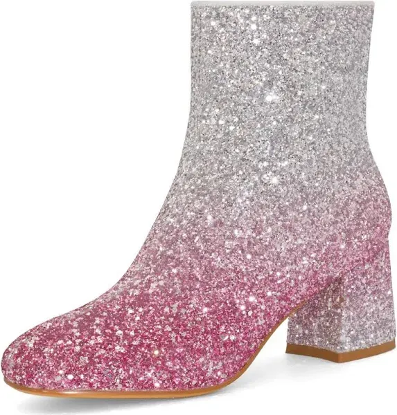 Photo 1 of MISSMILLER Women's Glitter Ankle Boots Sequin Sparkly Booties Block Heel Side Zip Zipper Wedding Party Dress Shoes pink ombre size 10.5