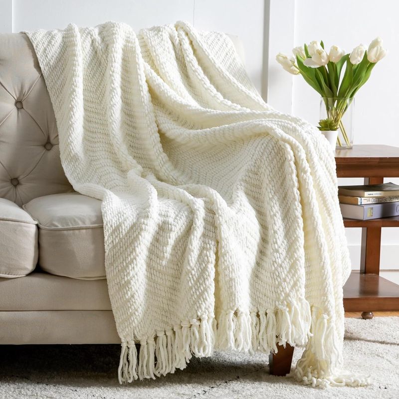 Photo 1 of Bedsure White Throw Blankets for Couch, Textured Knit Woven Blanket, 50x60 Inch - Super Soft Warm Decorative Blanket with Tassels for Couch, Bed, Sofa and Living Room
