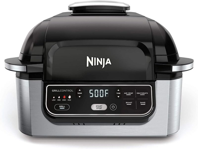 Photo 1 of **MINOR DAMAGE, UNKNOWN IF FUNCTIONAL UNTESTED** Ninja AG301 Foodi 5-in-1 Indoor Electric Grill with Air Fry, Roast, Bake & Dehydrate - Programmable, Black/Silver
