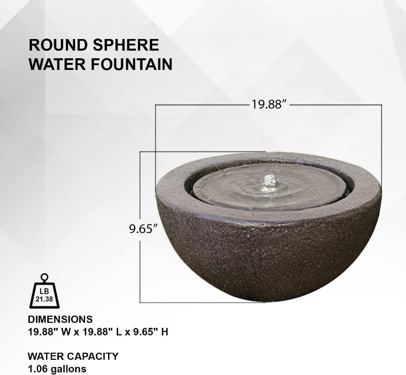 Photo 4 of (NON-REFUNDABLE) XBrand GE2010FTBK Round Sphere Water Fountain w/LED Light Indoor Outdoor Décor, 10 inch Tall, Grey