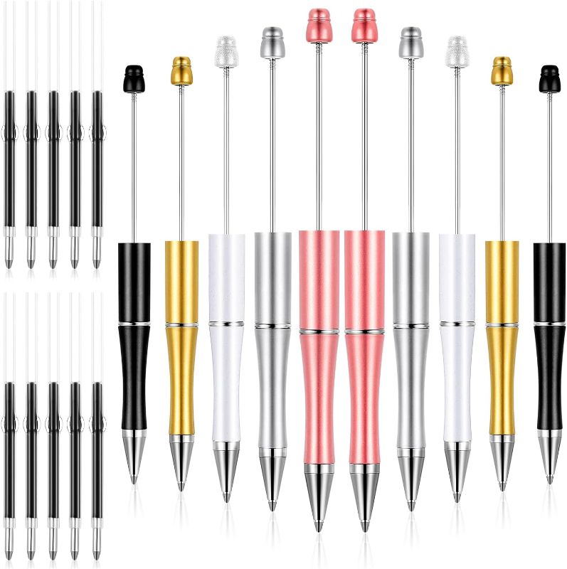 Photo 1 of 10 Pieces Plastic Beadable Pen Bead Ballpoint Pen Assorted Bead Pen Shaft Black Ink Rollerball Pen with Extra Refills for Kids Students Office School Supplies (Elegant Colors)