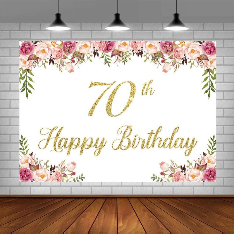 Photo 1 of 10x7ft Happy 70th Birthday Backdrop for Women Pink Flowers Photography Background 70th Birthday Decorations for Women Cake Table Banner Photo Shoot Props