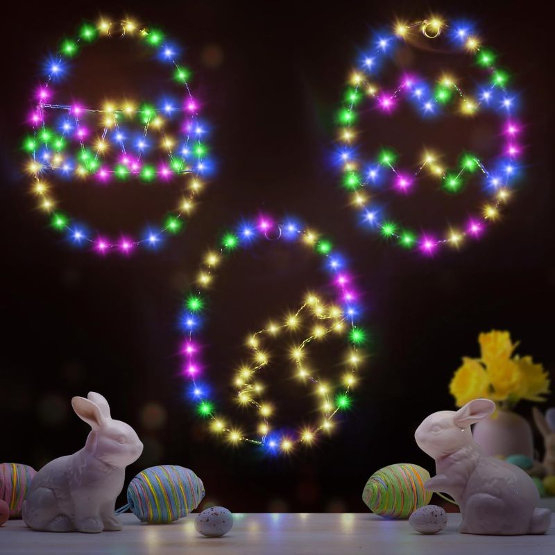 Photo 1 of 3 Pack Easter Window Lights Decorations?Battery Powered and USB Interface 2 Ways of Egg Shaped Easter String Lights Indoor Hanging Bunny Decor for Windows, Walls and Doors
