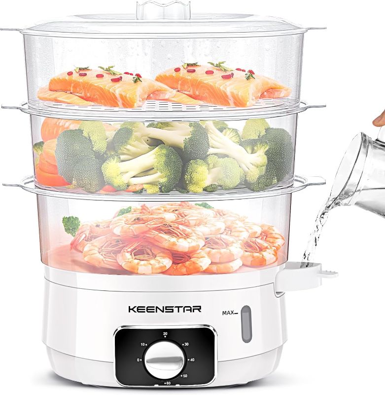 Photo 1 of 13.7QT Electric Food Steamer for Cooking, 3 Tiers Vegetable Steamer, 800W Fast Simultaneous Cooking, 60-Minute Timer, Veggies Steamer, Ideal for Fish Seafood Rice, BPA-Free Baskets(white)
