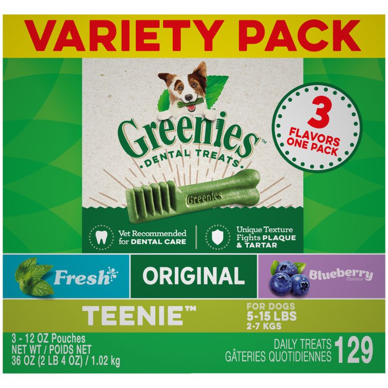 Photo 1 of BB: 06/24
GREENIES TEENIE Natural Dog Dental Care Chews Oral Health Dog Treats 3-Flavor Variety Pack, (3) 12 oz. Pouches