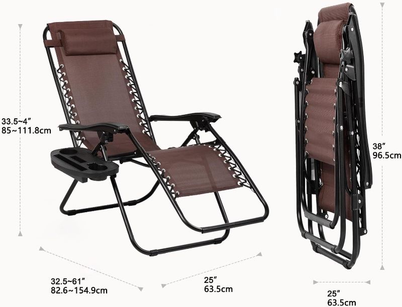 Photo 1 of  Set of 2 Relaxing Recliners Patio Chairs Adjustable Steel Mesh Zero Gravity Lounge Chair Beach Chairs with Pillow and Cup Holder Khaki (Brown)