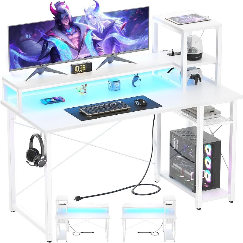 Photo 1 of Gaming Desk with Lights & Power Outlets, 47.2' Computer Desk with Shelves, Small Desk for Small Space, Writing Desk with Monitor Stand, White