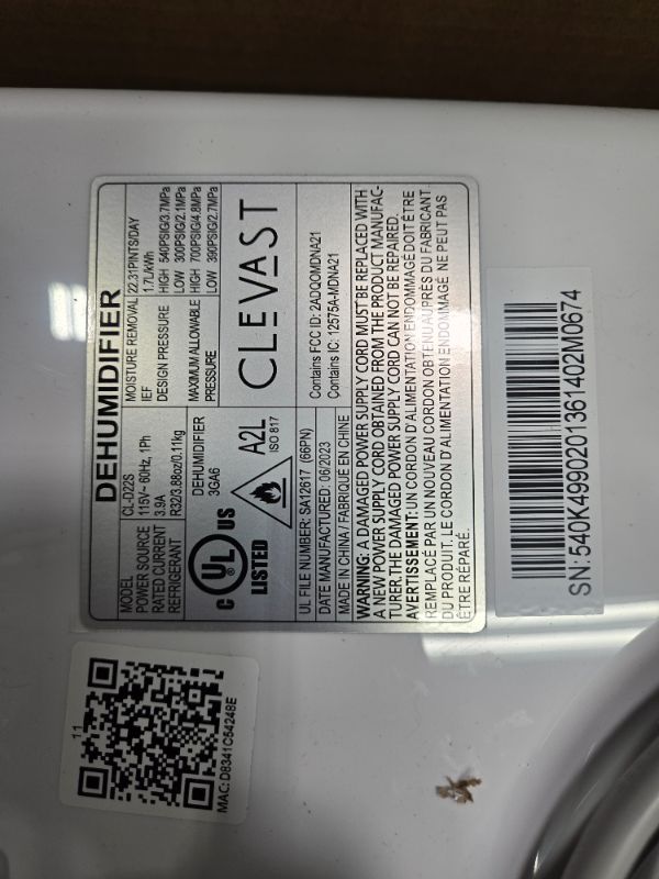 Photo 3 of ***HEAVILY USED AND DIRTY - POWERS ON - UNABLE TO TEST FURTHER***
CLEVAST 1,500 Sq. Ft Smart Wi-Fi Dehumidifier with App Energy Star, 20 Pint Dehumidifier with Reusable Air Filter for Basement, Bedrooms, Bathrooms, Living Room, Garage, Compatible with Ale