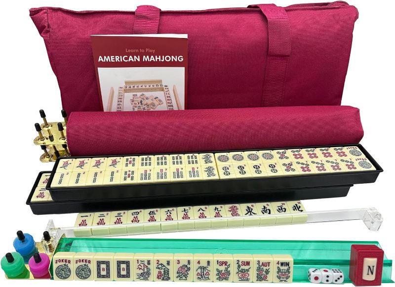 Photo 1 of American Mahjong Game Set, 166 Premium White Tiles, All-in-One Rack/Pushers,Chips, Western Mah Jongg Game Set with Soft Bag, A Beginner's Guide to American Mah Jongg