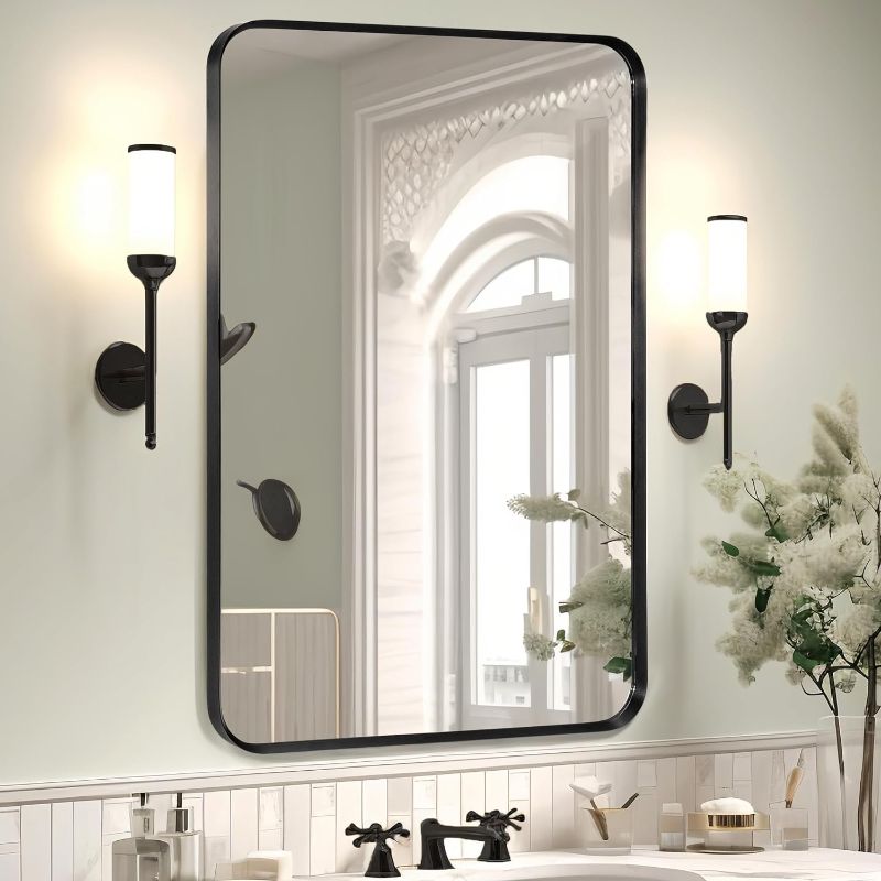 Photo 1 of 
Minuover Wall Mount Mirror for Bathroom, Brushed Black Metal Framed Rounded Corner Rectangular Vanity Mirror (24" x 36", Black)
Size:24" x 36"
Color:Black