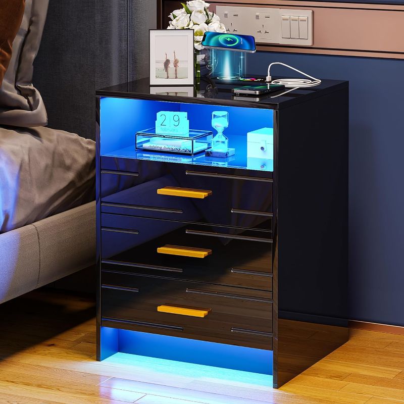 Photo 1 of Black Nightstand with Wireless Charging Station and Lights, 3 Drawers, Modern Bedside Table with Human Sensor for Bedroom