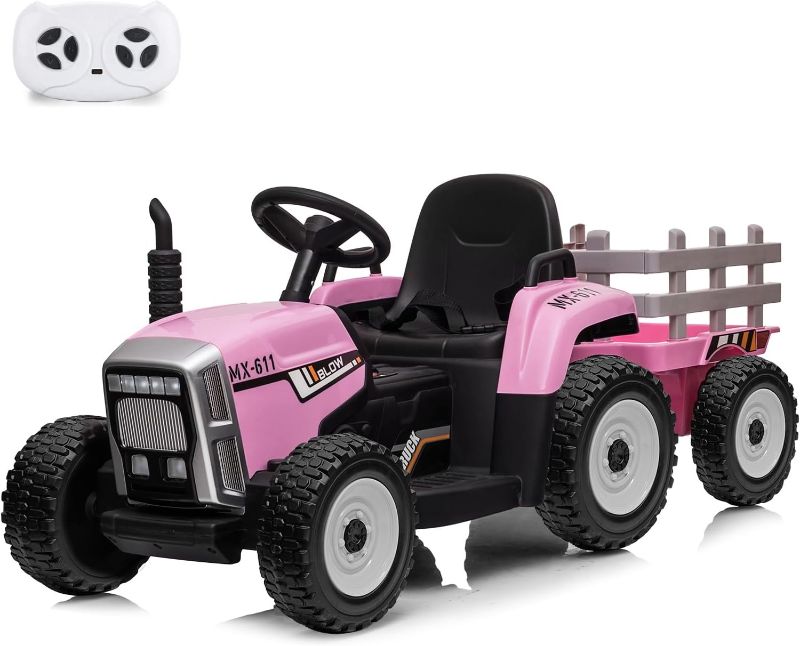 Photo 1 of 12V Kids Battery Powered Electric Tractor with Trailer, Toddler Ride On Car w/Remote Control/ 7-LED Headlights/ 2+1 Gear Shif