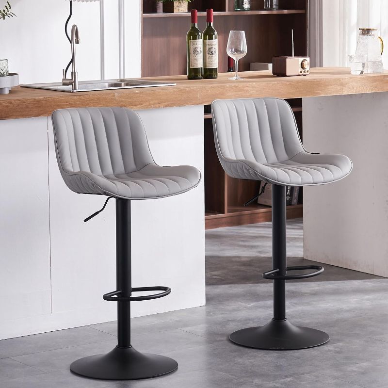 Photo 1 of YOUNIKE Bar Stools Grey Leather Swivel Barstools with Back, Upholstered