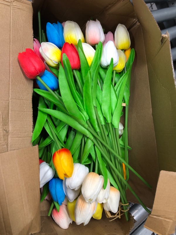 Photo 2 of 100 Pcs Artificial Tulips PU Real Touch Tulips Fake Tulips Faux Tulips Realistic Tulip Flowers Arrangement Bouquet for Easter Spring Wreath Home Room Office Party Wedding, 13.4'' (Multicolor) Multi Color