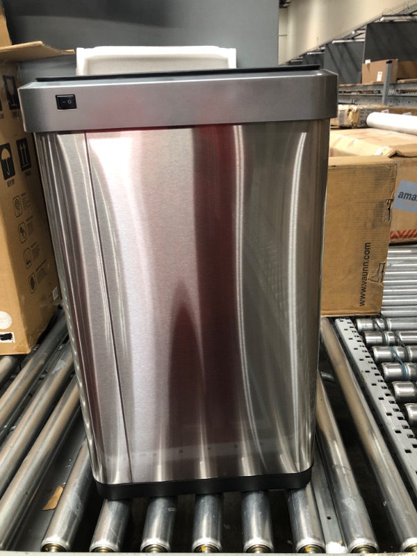 Photo 1 of *****MOTION SENSOR LID DOESNTWORK, MANUAL ONLY****
EKO Mirage-T 50 Liter / 13.2 Gallon Touchless Rectangular Motion Sensor Trash Can, Brushed Stainless Steel Finish