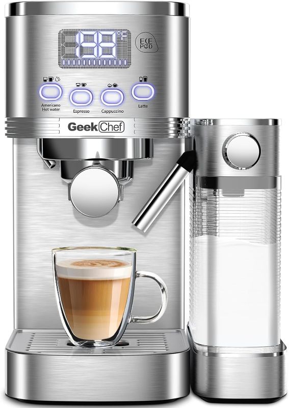 Photo 1 of 
Stock Photo**Has Rear Water Intake**Geek Chef Espresso Machine with Built-In Automatic Milk Frother, 7-in-1 Cappuccino & Latte Machine for Home, 80s Get Americano Coffee