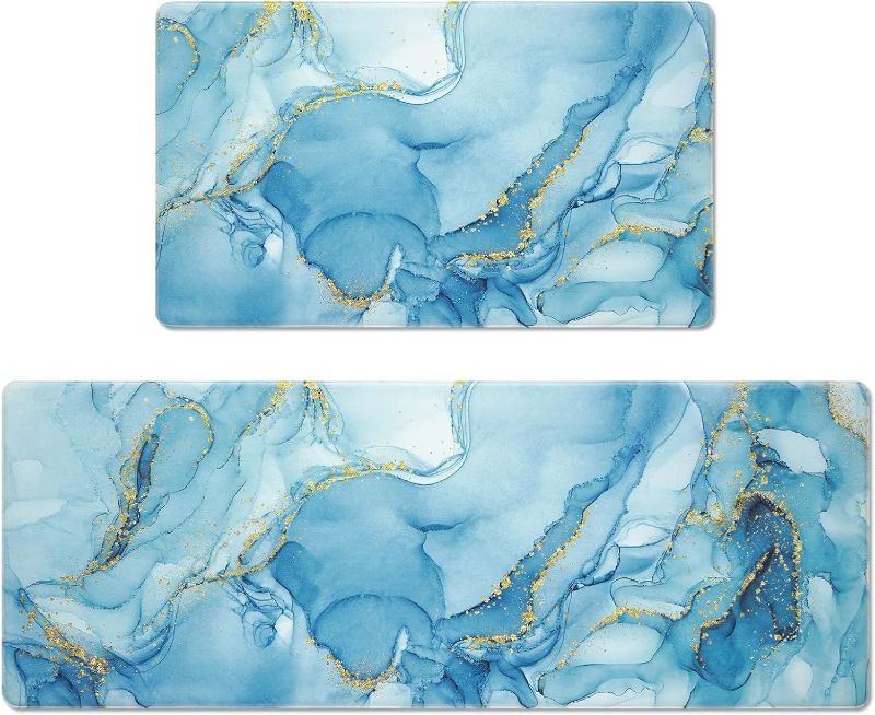 Photo 1 of ASPMIZ Marble Kitchen Mat Set of 2, Abstract Waterproof Kitchen Rugs Anti Fatigue Golden Edge PVC Comfort Standing Runner Rug, Non-Slip Memory Foam Kitchen Floor Mat, 18'' x 30'' + 18'' x 48 '', Blue