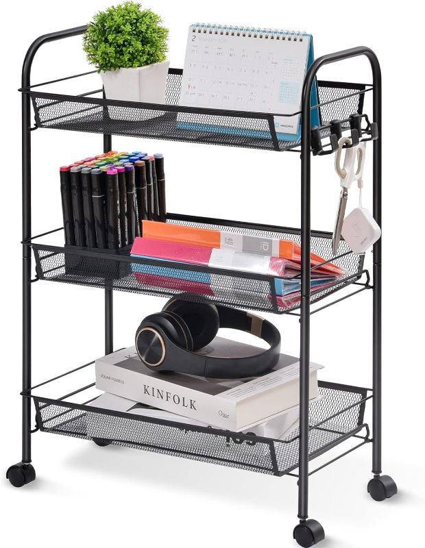 Photo 1 of 
HOMIDEC  3-Tier Plastic Rolling Cart, Mesh Wire Easy Assemble Utility Cart, Storage Trolley on Wheels with 2 Hooks, Shelving Units for Kitchen...
Color: Grey