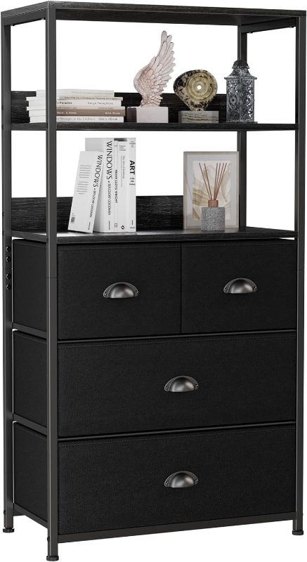 Photo 1 of Furologee Vertical 4 Drawer Dresser Organizer with 3-Tiers Wood Shelf,Tall Fabric Storage Tower Unit, Sturdy Metal Frame Furniture,Fabric Bins for Bedroom,entryway,Office(Black)