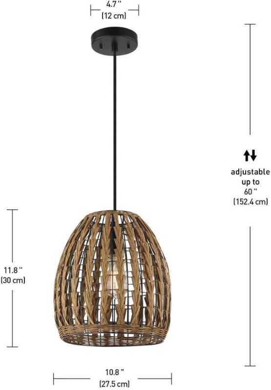 Photo 1 of ***USED - NO BULB - UNABLE TO TEST***
Globe Electric 60750 1-Light Pendant Light, Brown Woven Rattan Shade, Black Hanging Cord, E26 Base Socket, Kitchen Island, Pendant Light Fixture, Adjustable Height, Home Décor Lighting, Pendant Lamp Without Bulb Marlo