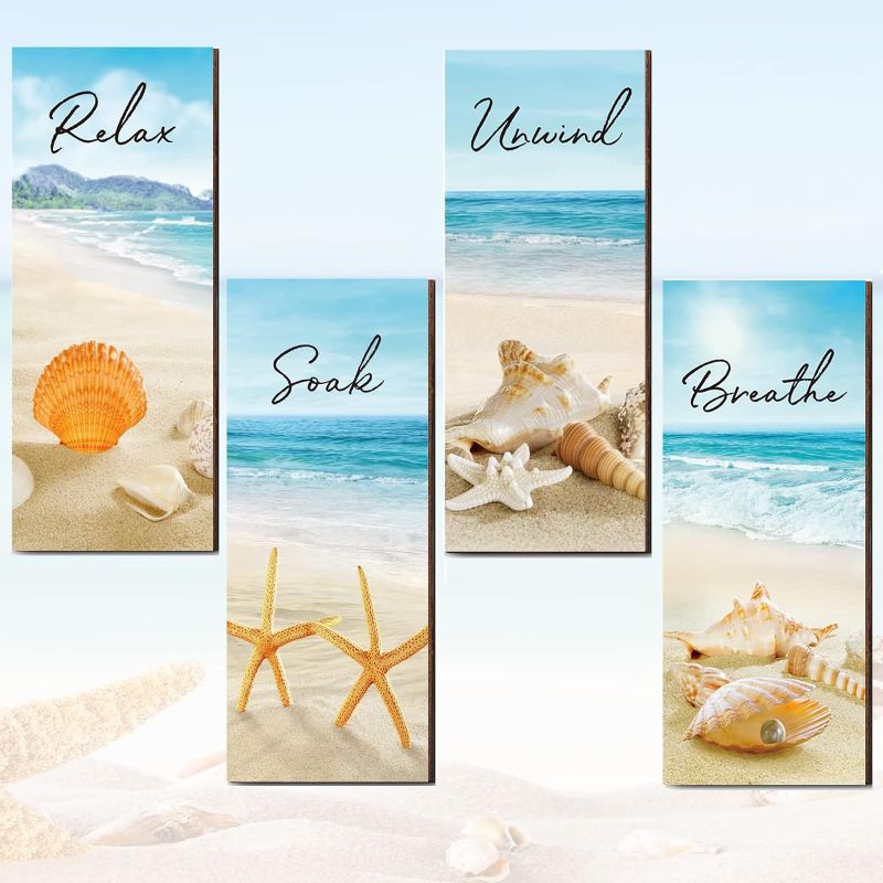 Photo 1 of 4 Pieces Beach Bathroom Decor Ocean Beach Wall Decors Relax Soak Unwind Breathe Blue Wall Art Hanging Sign Seashell Starfish Wooden Sign for Bathroom Living...
