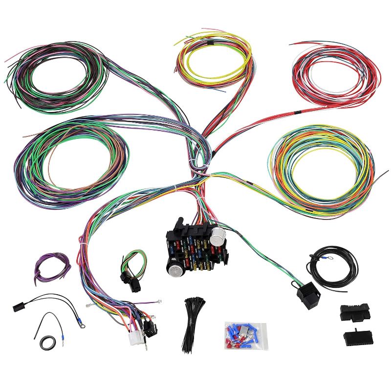 Photo 1 of Universal 21 Circuit Wiring Harness Kit Extra Long Wire Standard Color 17 Fuses for GM Chevy Mopar Hotrods Ford Chrysler
