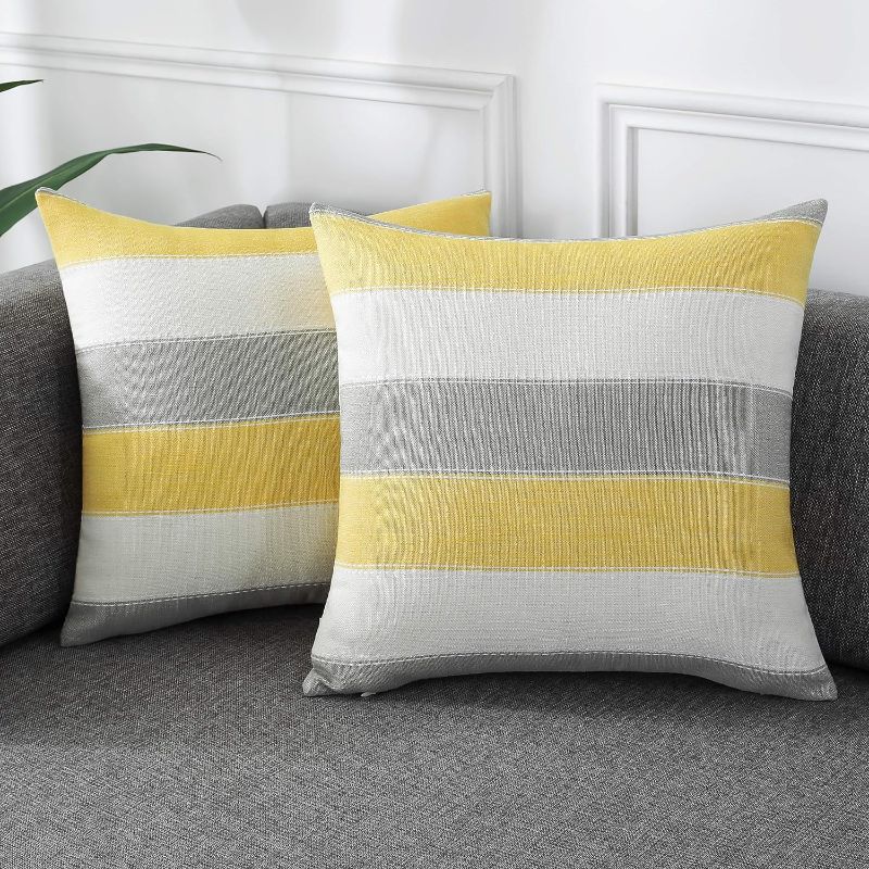 Photo 1 of AmHoo Pack of 2 Farmhouse Stripe Check Throw Pillow Covers Set Case Cotton Linen Decorative Pillowcases Cushion Cover for Couch Bench Sofa 18x18Inch Yellow...
